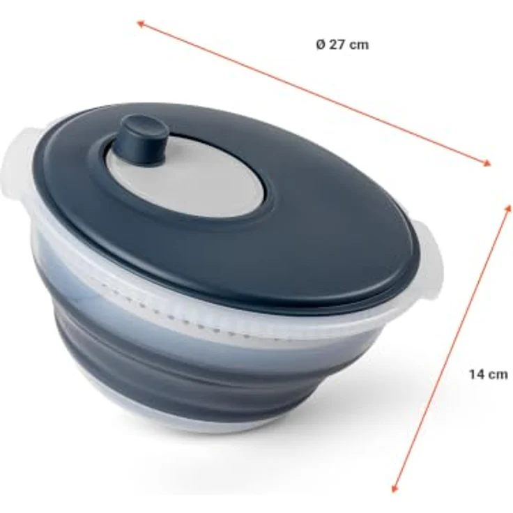 Spetebo Salatschleuder faltbar Ø 27 cm mit Anti-Rutsch-Boden, 5 L, grau/translucent, mit entnehmbarem Sieb und hoher Schleuderkraft – Bild 4