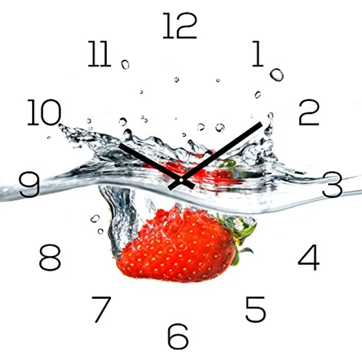 levandeo Wanduhr Glas 30x30cm Uhr Glasbild Erdbeere Rot Wasser Frucht Fruit Küchenuhr Wanddeko