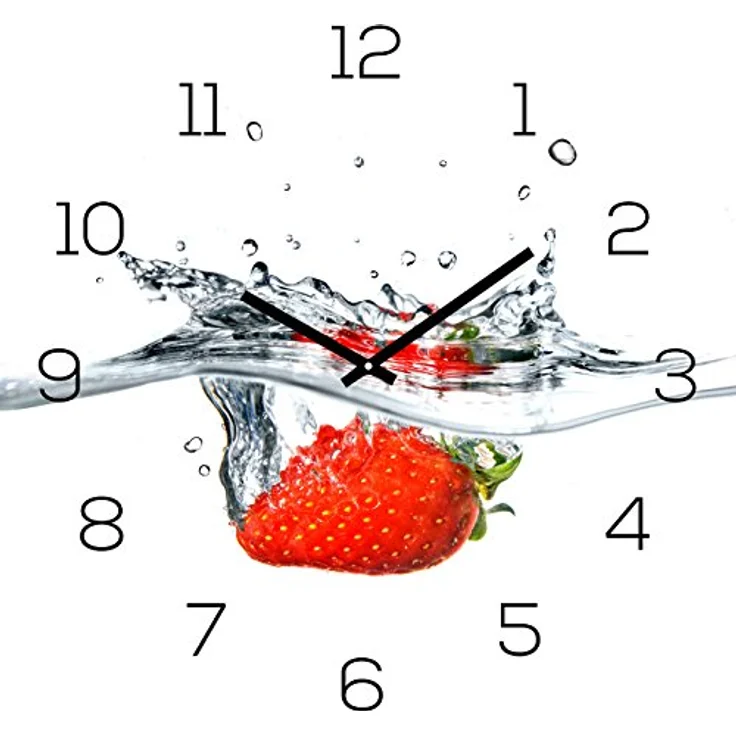 levandeo Wanduhr Glas 30x30cm Uhr Glasbild Erdbeere Rot Wasser Frucht Fruit Küchenuhr Wanddeko – Bild 1