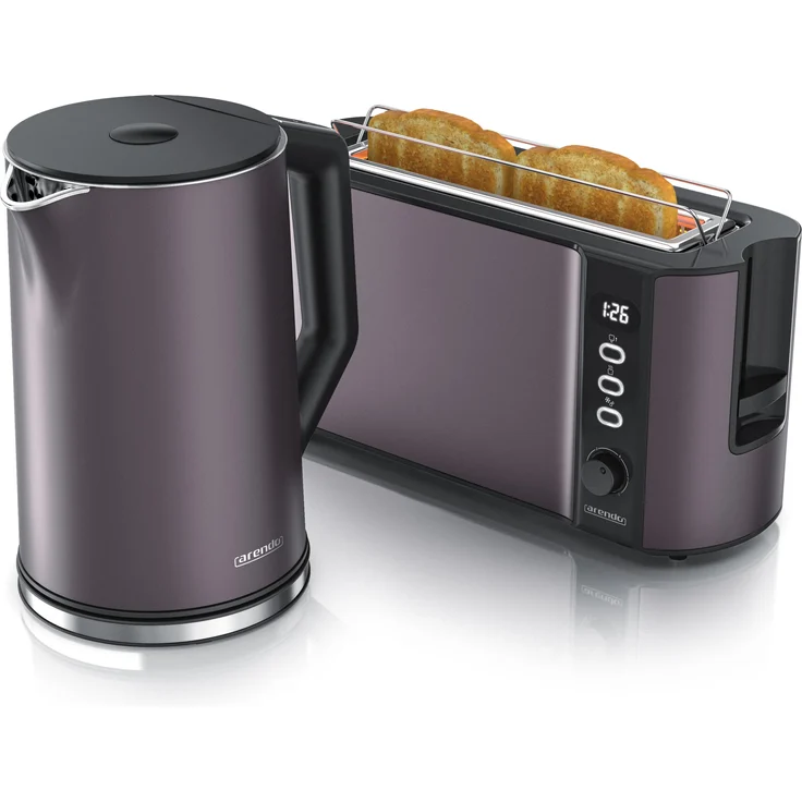 Arendo Frühstücks Set Edelstahl Wasserkocher 1,5l mit Temperaturwahl & 2-Scheiben Langschlitz Toaster, Grau, Toaster, Grau