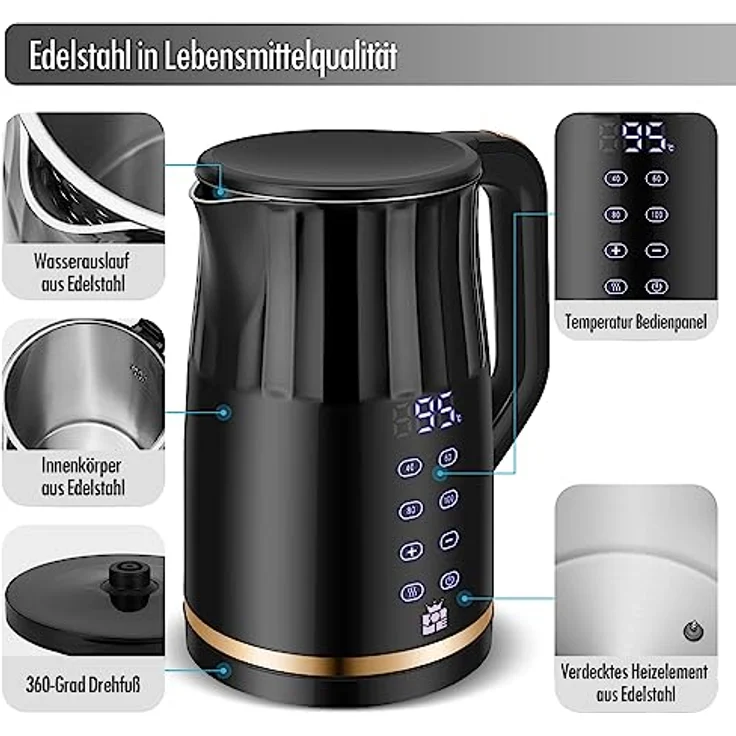 ForMe Edelstahl Wasserkocher 1,7 Temperatureinstellung Temperaturwahl 40-100°C Smart LED Digital Temperaturanzeige BPA FREI Temperatur Einstellbar Kessel I Teekanne Teekessel mit Warmhaltefunktion – Bild 3