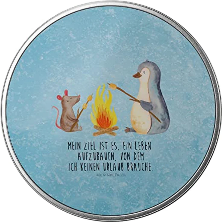 Mr. & Mrs. Panda Blechdose rund Pinguin Lagerfeuer - Eisblau - Hochwertige Metallbox für Geschenke und Lebensmittel – Bild 3