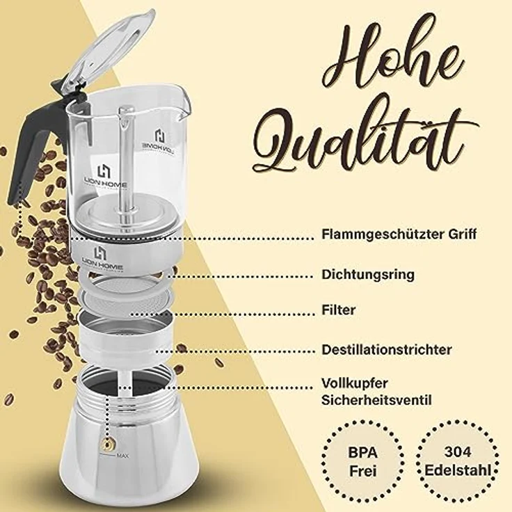 Lion Home Espressokocher, Edelstahl-Glas Design mit Kork-Untersetzern, für 6 Tassen, leicht zu reinigen – Bild 6