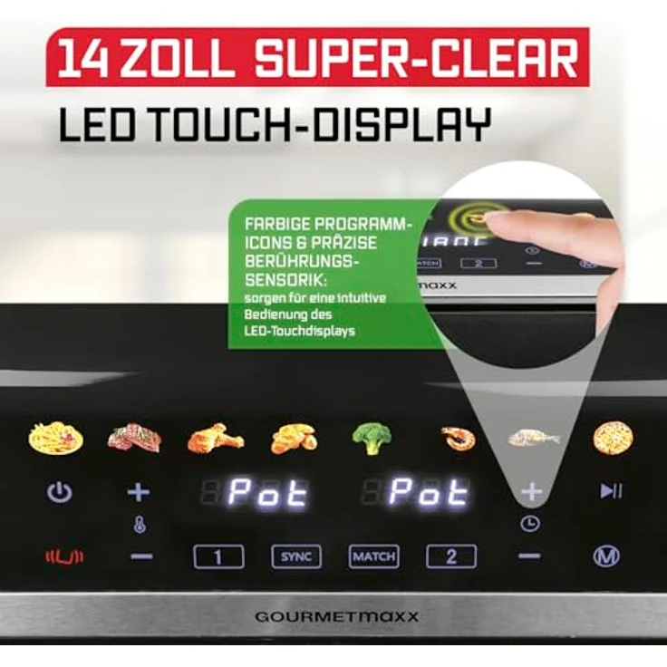 GOURMETmaxx AirGenius 2-Kammer-Heißluftfritteuse, 9 Liter (2 x 4,5 l) mit Multi-Color LED-Touchdisplay, Mattschwarz, 2400 Watt – Bild 4