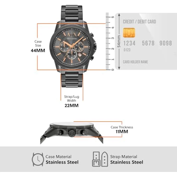 Armani Exchange Silver Tone Watch, Quarz-Chronograph mit 44 mm Gehäuse, grauem Zifferblatt und Edelstahlarmband in Gunmetal – Bild 5
