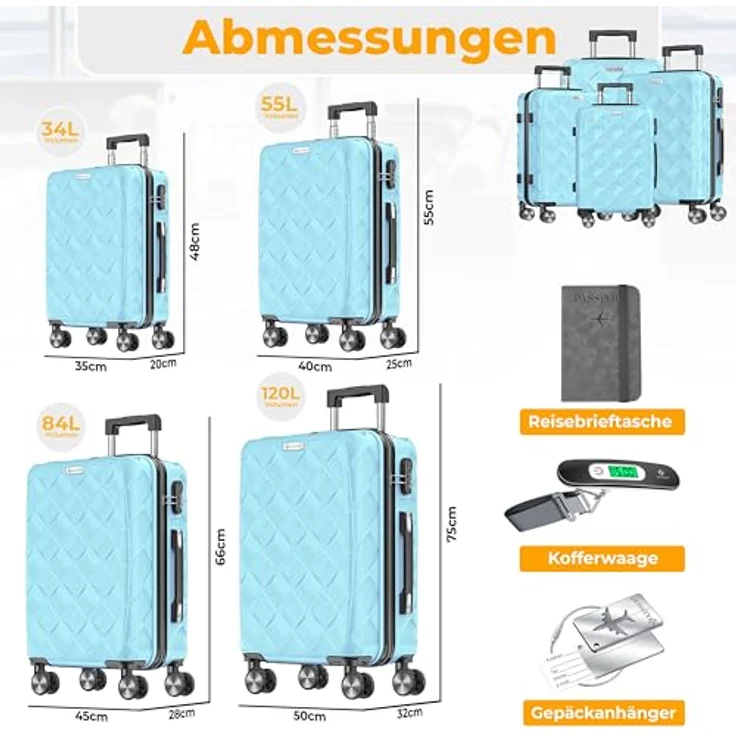 KESSER® Reisekoffer Set 4-teilig, ABS Hartschalenkoffer mit Zahlenschloss, Kofferwaage & Reisebrieftasche, 360° Rollen, Handgepäck & große Koffer, Sky Blue – Bild 2