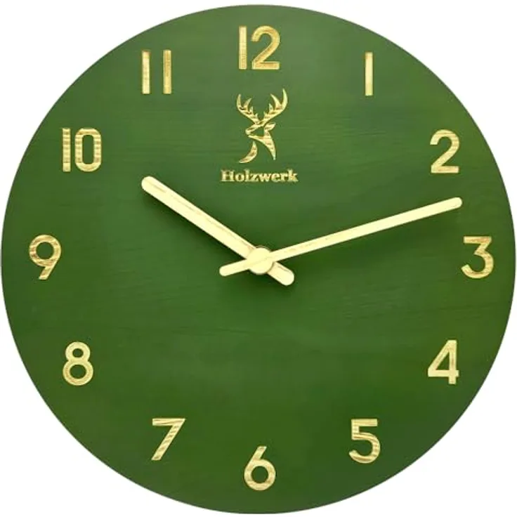 Holzwerk Wanduhr, Rund, 25 cm, Quarzwerk, Grün-Beige, Holz-Optik, vintage Design, handgefertigt