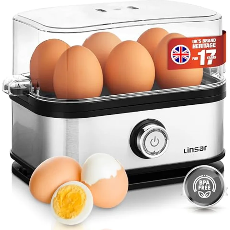 Linsar - Eierkocher - 6 Eier mit wählbarer Härte - Aus rostfreiem Edelstahl - Inkl. Eierlöffel mit Eierstanze - Spülmaschinenfest - 400 Watt