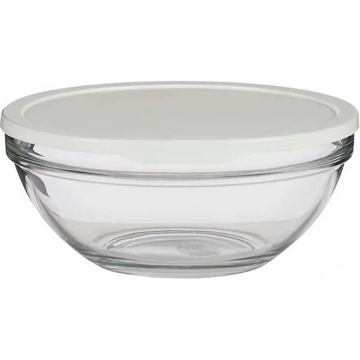 Pasabahce Chef Schüssel aus Glas, rund mit weißem Deckel, 17 cm, spülmaschinenfest und mikrowellengeeignet
