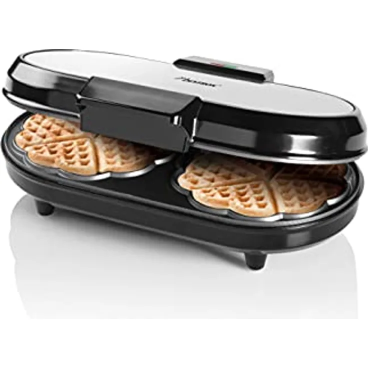 Bestron Doppel-Waffeleisen für klassische Herzwaffeln, Waffelmaker mit Backampel & Antihaftbeschichtung, 1.200 Watt, Farbe: Silber