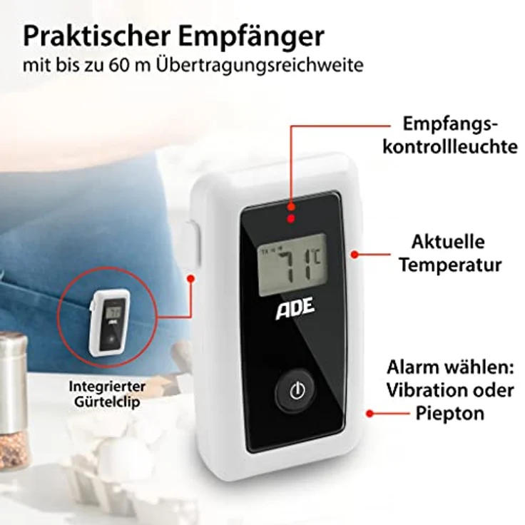 ADE BBQ 1408 Funk-Bratenthermometer. Digitales Grill-Thermometer mit Touch-Display, Funkempfänger, Messgabel aus Edelstahl. Elektronisches Ofenthermometer für den perfekten Garpunkt. Inkl. Batterien – Bild 4