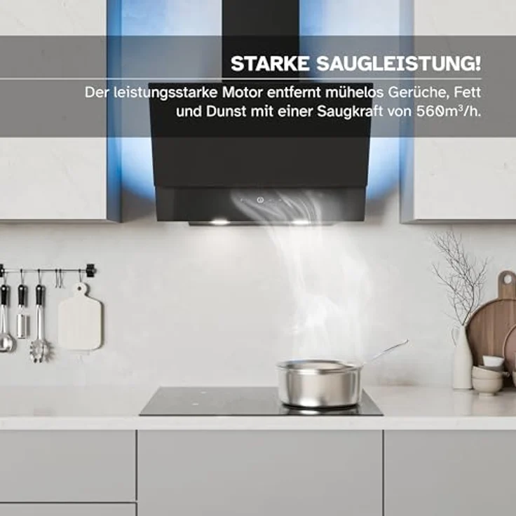 Heinrich´s HEINRICHS Dunstabzugshaube, 60cm Abluft/Umluft-Dunstabzugshaube, 560m³/h Saugkraft, mit LED-Ambientebeleuchtung, platzsparend, 3 Geschwindigkeitsstufen, inkl. Aktivkohlefilter, 75W Leistung, Schwarz – Bild 3