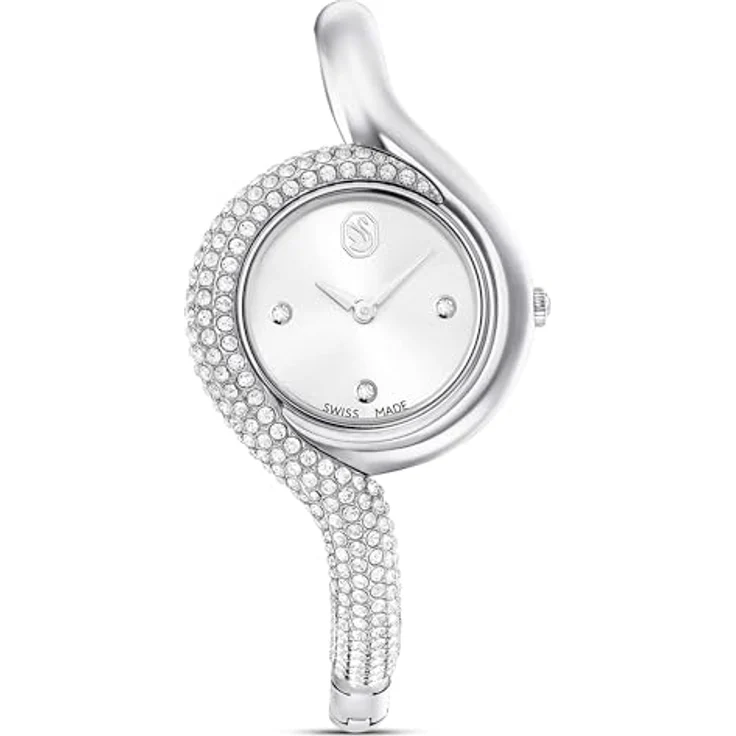 Swarovski Dextera Uhr, Asymmetrische analoge Armbanduhr mit silberfarbenem Metallarmband und 203 Kristallen, Armbandlänge: 11.7-14.7 cm, wasserdicht bis 50 m – Bild 1