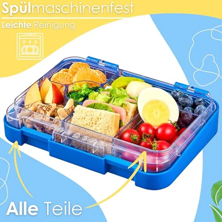 ecosa yummybuddy Snackbox Brotdose für Kinder, mit 4 Fächern und 2er Trenneinsatz, Auslaufsicher, BPA-frei, Blau – Bild 4