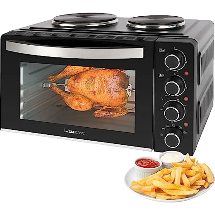 Clatronic® Mini-Backofen mit Kochplatten und Drehspieß - gleichzeitig kochen u. backen - Minibackofen 28L Umluft Ober-/Unterhitze 100°-230°C, Elektrischer Mini Ofen 3100 Watt inkl. Zubehör - KK 3786 – Bild 1