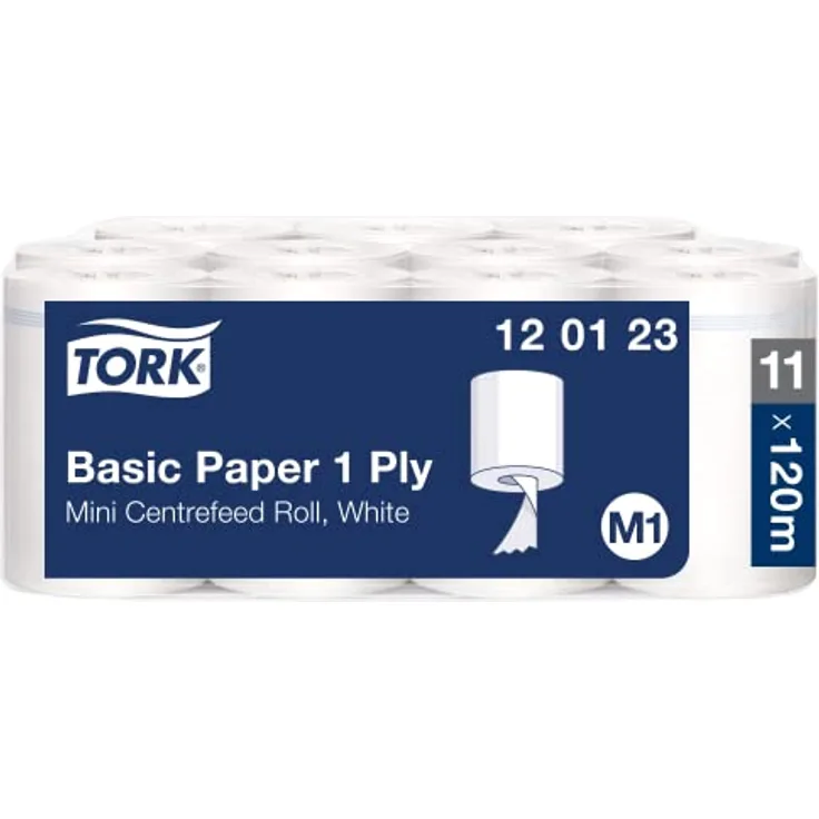 Tork 120123 Standard Papierwischtücher für M1 Mini Spender mit Innenabrollung - Wischtücher aus Papier in Weiß, 1-lagig & ungeprägt - 11 Rollen x 120 Meter, unperforiert (21,5 cm)