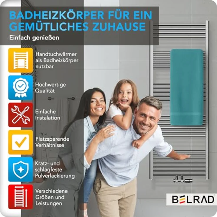 Belrad® Badheizkörper mit Mittelanschluss, Moderner Handtuchheizkörper aus Qualitätsstahl, gunmetal grau, wandmontagefähig & wasserbetrieben, 6 flexible Anschlussmöglichkeiten – Bild 2