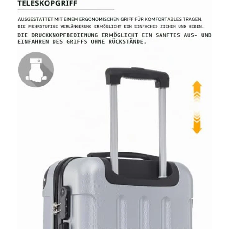 YONSLY Trolley Koffer Suitcase M, Hartschalenreisekoffer mit 4 Rollen 360°, integriertes Zahlenschloss, weicher Gummigriff, Silber – Bild 5