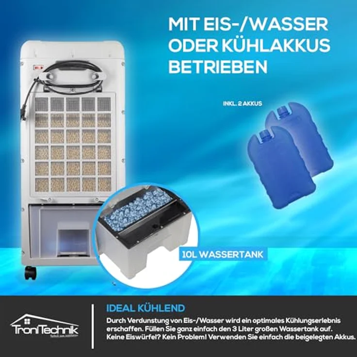 TroniTechnik Ventilatorkombigerät LK06 Aircooler, 10L Wassertank, 5in1 Ventilator, Ionisator, Fernbedienung, Timer, Kühlakku, Oszillation, Weiß – Bild 5