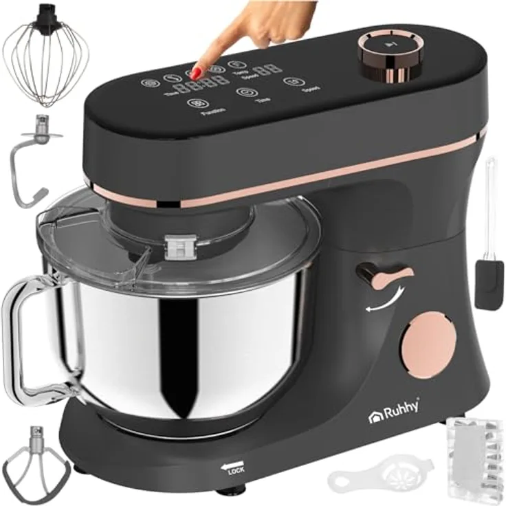 RUHHY Küchenmaschine mit beheizbarer Rührschüssel 6,2L, Planetenrührgerät 2000W, 11 Geschwindigkeiten & Touchdisplay, Teigknetmaschine für Brot, Pizza, Kuchen & Gebäck (Schwarz und Gold)