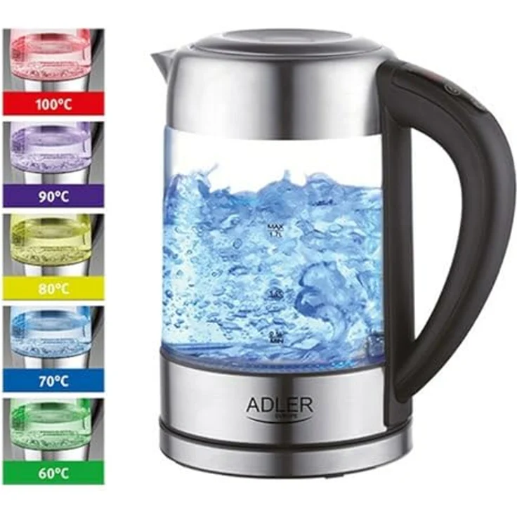 ADLER AD 1247 Wasserkocher aus Edelstahl und Glas, 1,7L, 2200 W, digitaler Glaswasserkocher mit Temperaturwahl 60-100C°, LED Beleuchtung mit Farbwechsel, Kalkfilter – Bild 6