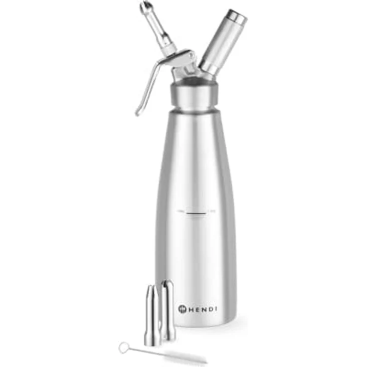 HENDI Sahnespender, Inklusive Set aus 3 Edelstahl Spritztüllen und Reinigungsbürste, Sahne-Mousses-Desserts-kalten Schäumen-Saucen, 1L, ø98x(H)330mm, Edelstahl, Silber – Bild 3