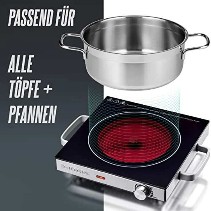HEINRICHS Infrarotkochplatte Glaskeramik-Kochfeld mit Infrarot-Wärme, elektrisches Kochfelder geeignet für alle Töpfe und Pfannen, 2000W Camping/Büro/Küche/Outdoor/Single – Bild 4