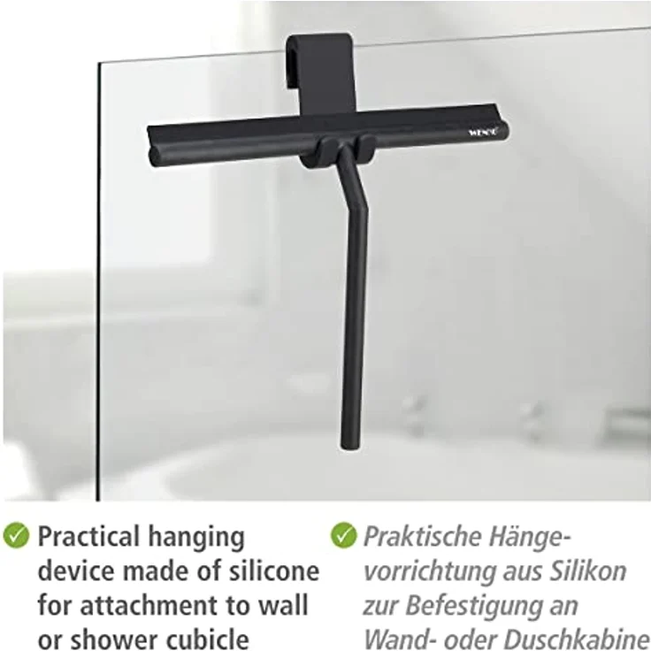 WENKO Badezimmerwischer Mola XXL, Abzieher mit extra breiter Wischfläche für Duschkabinen, Spiegel und Fliesen, aus Edelstahl mit Silikon ummantelt, inkl. Hängevorrichtung für Duschwände, Schwarz – Bild 3