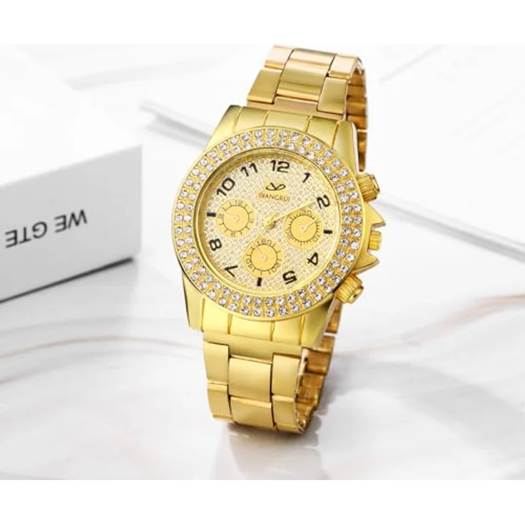 JewelryWe Uhren Herren Edelstahl Diamant, Gold Armbanduhr mit Zirkonia, Analog Quarz, 10m wasserdicht, Geschenk für Männer – Bild 2