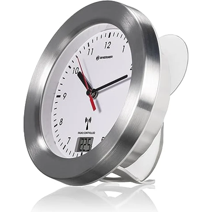 Bresser 8020114 Bad Wanduhr MyTime Bath mit Temperaturanzeige und Funkuhr mit gebürstetem Aluminiumrahmen, Saugnäpfen und Standfuß für Tischmontage, Weiß – Bild 1