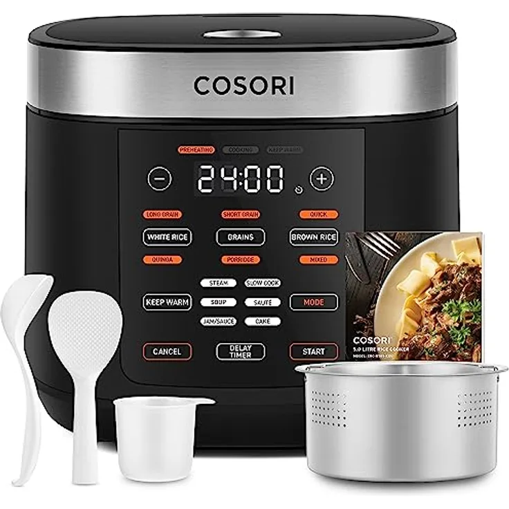 COSORI Reiskocher & Dampfgarer mit Keramik-Innentopf und Fuzzy Logic, 50 Rezepte, 1,8L Fassungsvermögen für 1-10 Personen, Multikocher mit 17 Funktionen, Wärmer, Timer, LED-Anzeige - Schwarz