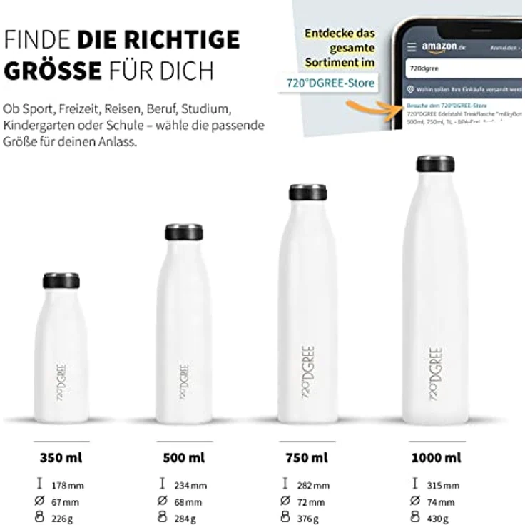 Trinkflasche Isolierflasche Edelstahl 1000ml Doppelwandig 720°DGREE milkyBottle snow white – Bild 3