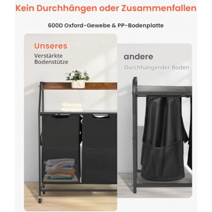 VEVOR Wäschekorb Wäschesortierer mit 2 Fächern aus 600D Oxfordstoff, Holztischplatte und Rollen, Wäschetrenner für schmutzige Kleidung, schwarzes Design mit 30,14 Gal Volumen – Bild 5