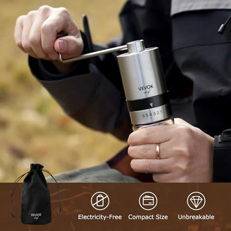 VEVOK CHEF Manuelle Kaffeemühle Edelstahl mit 6 Einstellmöglichkeiten, tragbare Handkurbelmühle für Zuhause und Camping – Bild 4