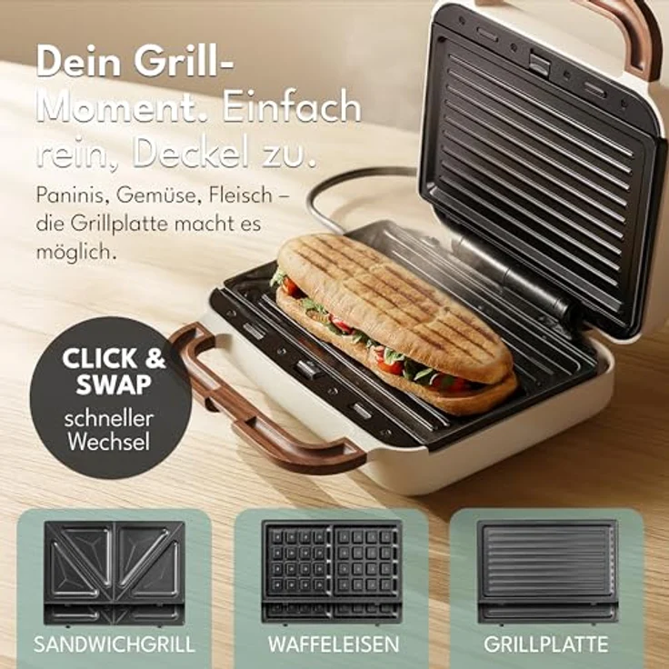 Lebenlang 3-in-1 Sandwichmaker, Waffeleisen und Kontaktgrill, 750 W mit Timer, Holzdesign – Bild 4