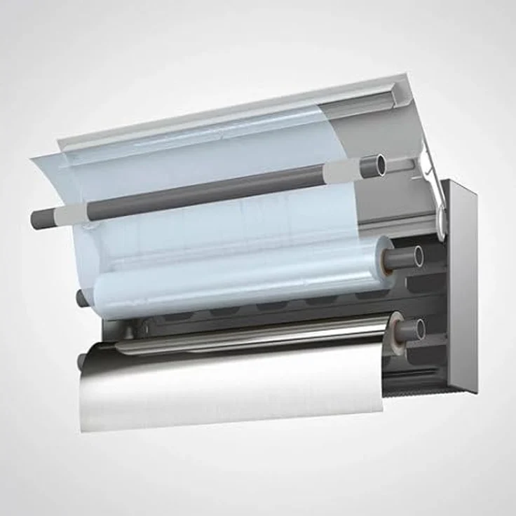 Metaltex Tango. Dreifach-Wandrollenhalter für die Küche aus Edelstahl. Industrieller Spender für Küchenpapier, Alufolie und Frischhaltefolie mit Stauraum. Abmessungen 38 x 6 x 17 cm. – Bild 5