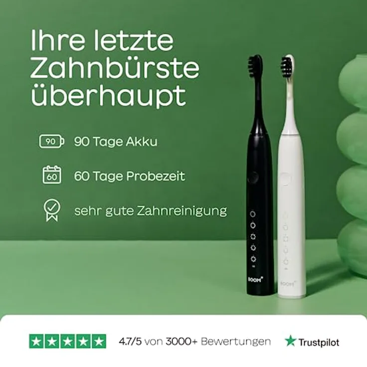 BOOMBRUSH Elektrische Zahnbürste Schallzahnbürste mit 90 Tage Power-Akku - Schwarz/Weiß