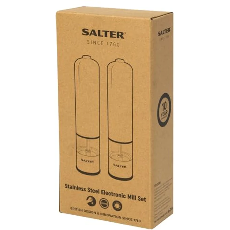 Salter Elektrische Salz- und Pfeffermühle im Set - Gebürstetes Edelstahl-Finish, Keramik-Mechanismus Ideal für Himalaya - Steinsalz, Pfeffer, Kräuter, Gewürze, kein Verschütten, einfache Handhabung – Bild 12