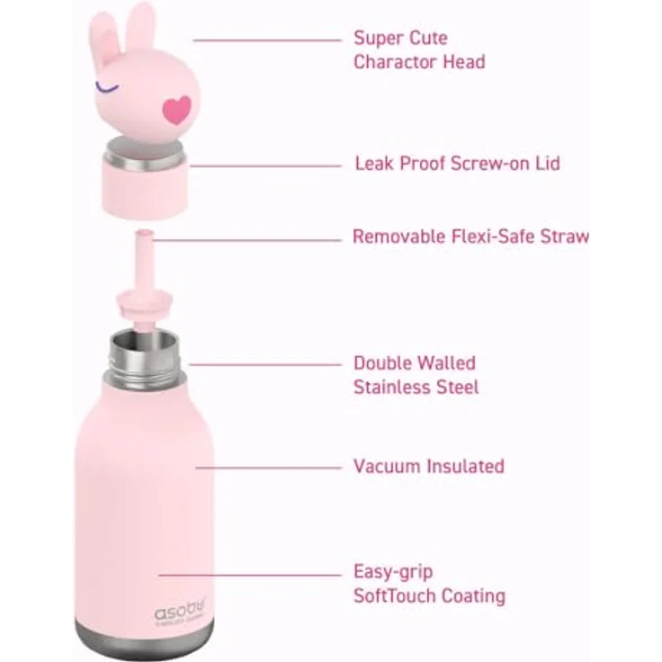 ASOBU Bestie Trinkflasche 475 ml, Tier-Design, isoliert, auslaufsicher, Edelstahl mit Silikon-Trinkhalm – Bild 4