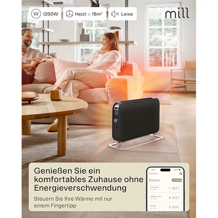 Mill Elektro Heizkörper 1200W, Smarte Konvektor Heizung mit WIFI, leise, für 14-18m² - Schwarz – Bild 3