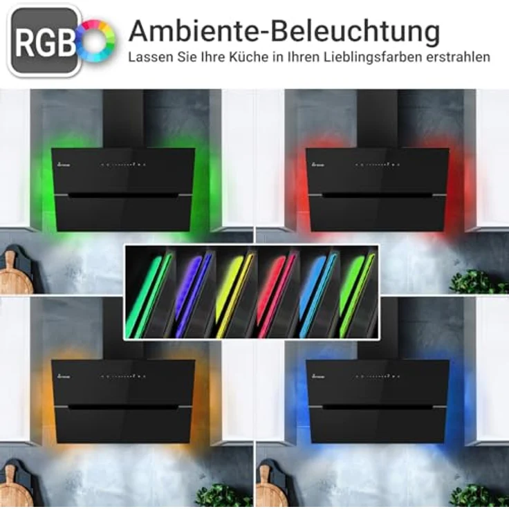 KKT KOLBE ECCO6005SM Dunstabzugshaube 60 cm, 782 cbm/h Umluft Abluft, kopffrei, Wandhaube, Schwarz Glas, Smart WiFi App, RGBW-LED-Beleuchtung – Bild 2
