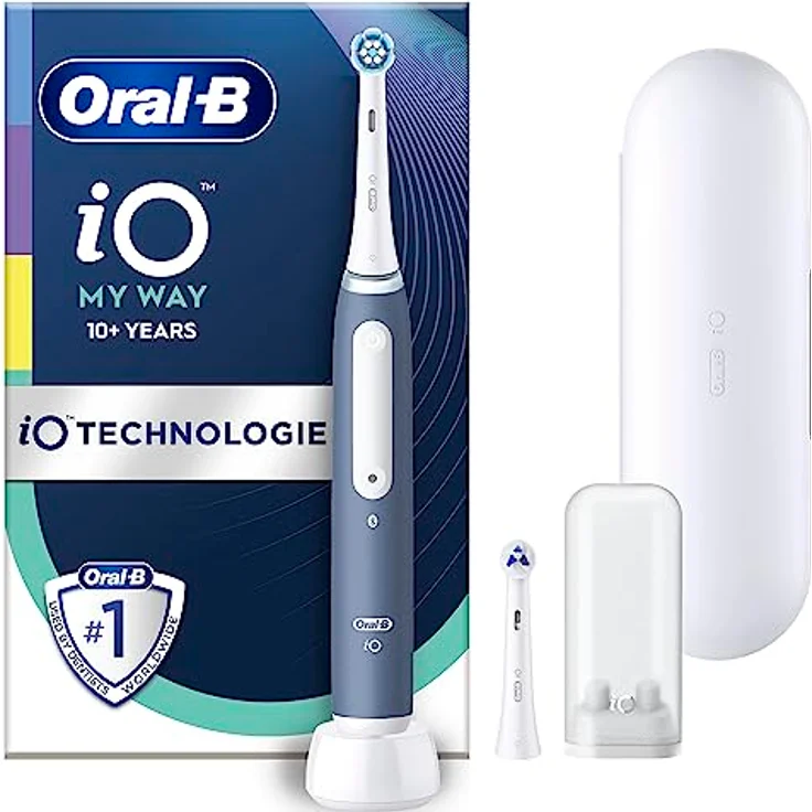 Oral-B iO Series 4 Teens Elektrische Zahnbürste/Electric Toothbrush, 4 Putzmodi inkl. Sensitiv & Bluetooth-App für Zahnpflege, Ortho-Care Aufsteckbürste für Zahnspangen, Designed by Braun, weiß/blau – Bild 1