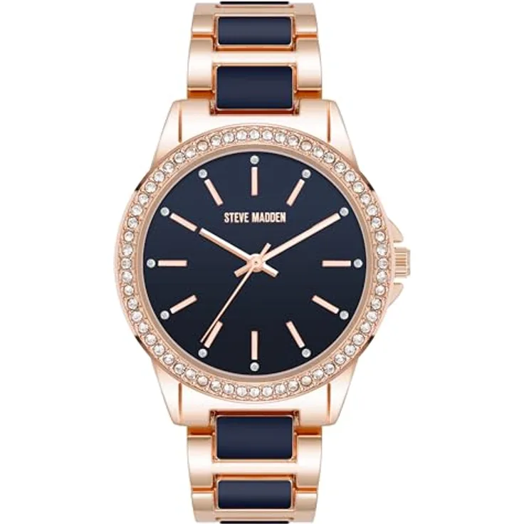 Steve Madden Damen Armbanduhr mit echten Kristallen, Marineblau/Roségold, verstellbares Armband, Mineralglas, nicht wasserdicht