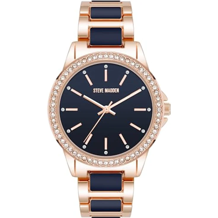 Steve Madden Damen Armbanduhr mit echten Kristallen, Marineblau/Roségold, verstellbares Armband, Mineralglas, nicht wasserdicht – Bild 1