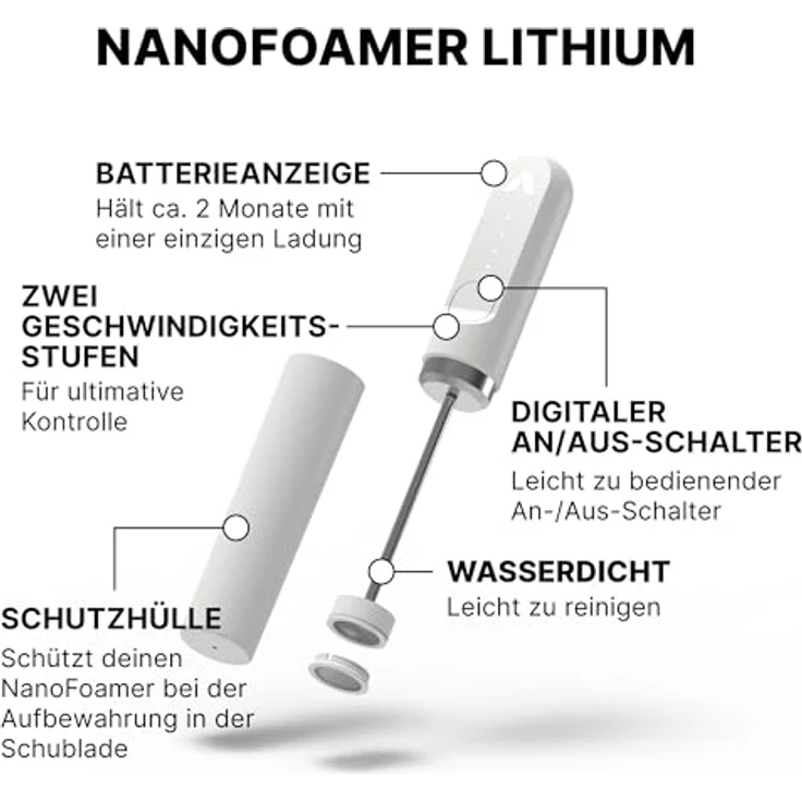 Subminimal NanoFoamer Lithium Handheld Frother, White Special Edition - Wiederaufladbarer, Dual-Speed Microfoamer für Barista-Stil Cappuccinos, Mikroschaum in 30 Sekunden, IP4 wasserdicht, leicht zu reinigen – Bild 4