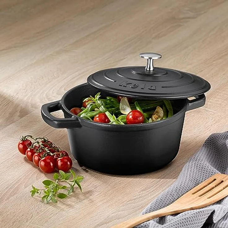 Kela 12470 Bräter mit Deckel, Gusseisen, le-Beschichtung, Hohe Wärmespeicherung, Induktionsgeeignet, 2,5 L, Schwarz, Rund, Calido – Bild 12