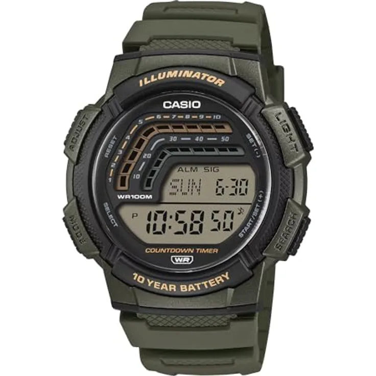 Casio WS-1800-3AVEF, Multifunktionale Herrenuhr mit schwarzem Gehäuse, grünem Kunststoffarmband, Stoppuhr, Weltzeitfunktion und wasserdicht bis 10 bar