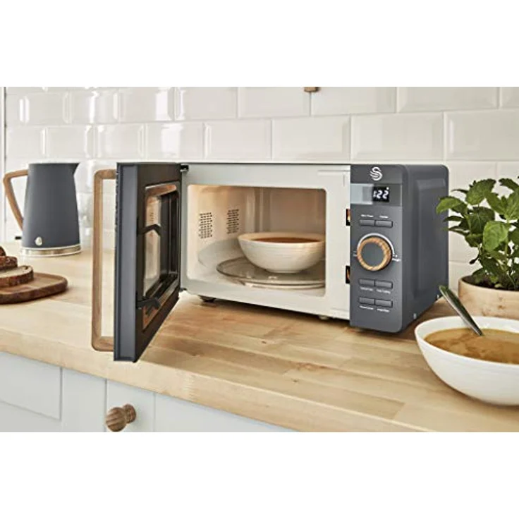 Swan Nordic Frühstücksset, Wasserkocher, 1,7 l, 2200 W, Breitschlitz-Toaster, 2 Scheiben, digitale Mikrowelle 20 l, modernes Design, Holzoptik, grau – Bild 12