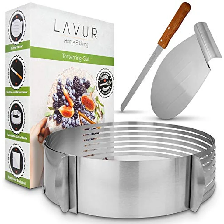 LAVUR Tortenring-Set, Backform im 3er Set mit verstellbarem Tortenring (23-30cm), Konditormesser und Tortenretter, spülmaschinenfest, für 8 gleichmäßige Böden – Bild 1