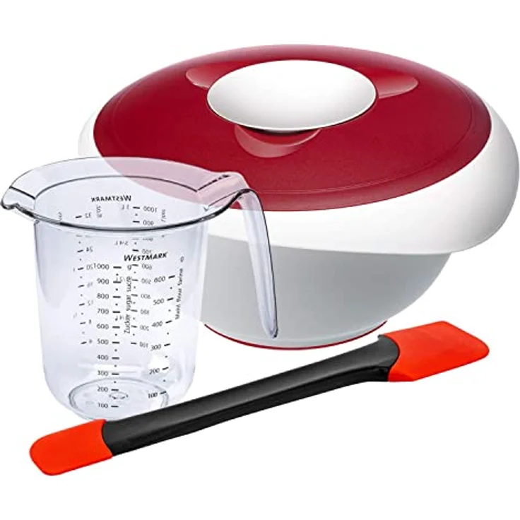 Westmark Koch- und Backset, 3tlg., Rührschüssel mit Deckel 2,5 l, Messkanne 1 l und Teigschaber , Kunststoff/Silikon, Duo, Weiß/Rot/Schwarz, 315322E6 – Bild 1